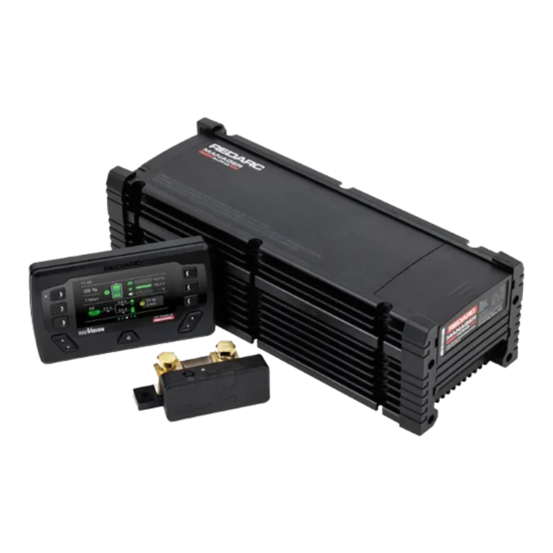 Redarc Manager Alpha50 battery management system with its RedVision Pro display panel and the fused battery sense module in front of the finned black BMS chassis
