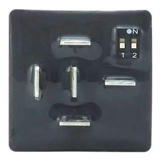 Pin side of the REDARC Multi Function Timer showing the five spade terminals and the DIP switch marked 1 and 2