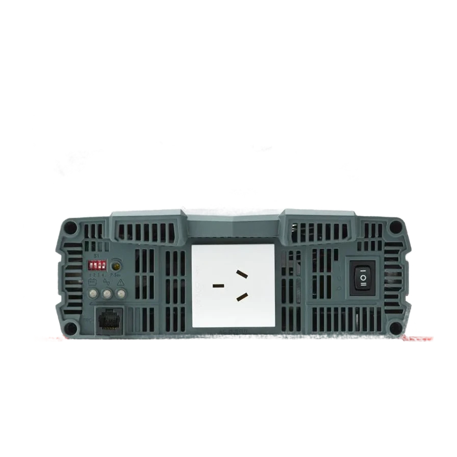 AC end of the Redarc pure sine wave inverter, with a single Australian three-pin outlet in the centre, the on-off-remote rocker switch at the right, the status indicator lights and configuration DIP switches at the left, and an RJ45 trigger socket below them