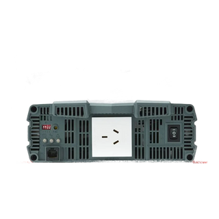 AC end of the Redarc pure sine wave inverter, with a single Australian three-pin outlet in the centre, the on-off-remote rocker switch at the right, the status indicator lights and configuration DIP switches at the left, and an RJ45 trigger socket below them