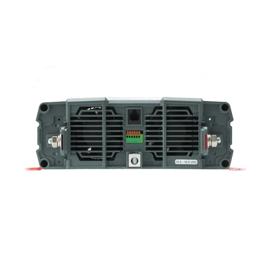 DC end of the Redarc pure sine wave inverter, with the positive and negative battery studs at either side, twin cooling fans behind the grilles, the earth stud in the centre, an RJ45 remote socket, the configuration DIP switches and the input range marked 10.5 to 16.5 VDC