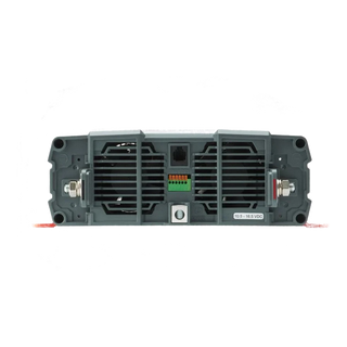 DC end of the Redarc pure sine wave inverter, with the positive and negative battery studs at either side, twin cooling fans behind the grilles, the earth stud in the centre, an RJ45 remote socket, the configuration DIP switches and the input range marked 10.5 to 16.5 VDC