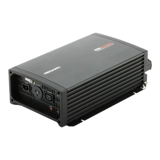 Redarc RS3 pure sine wave inverter seen from the front corner, the black finned case with the model name printed on the lid, the AC outlet and status panel at one end and the DC terminals at the other