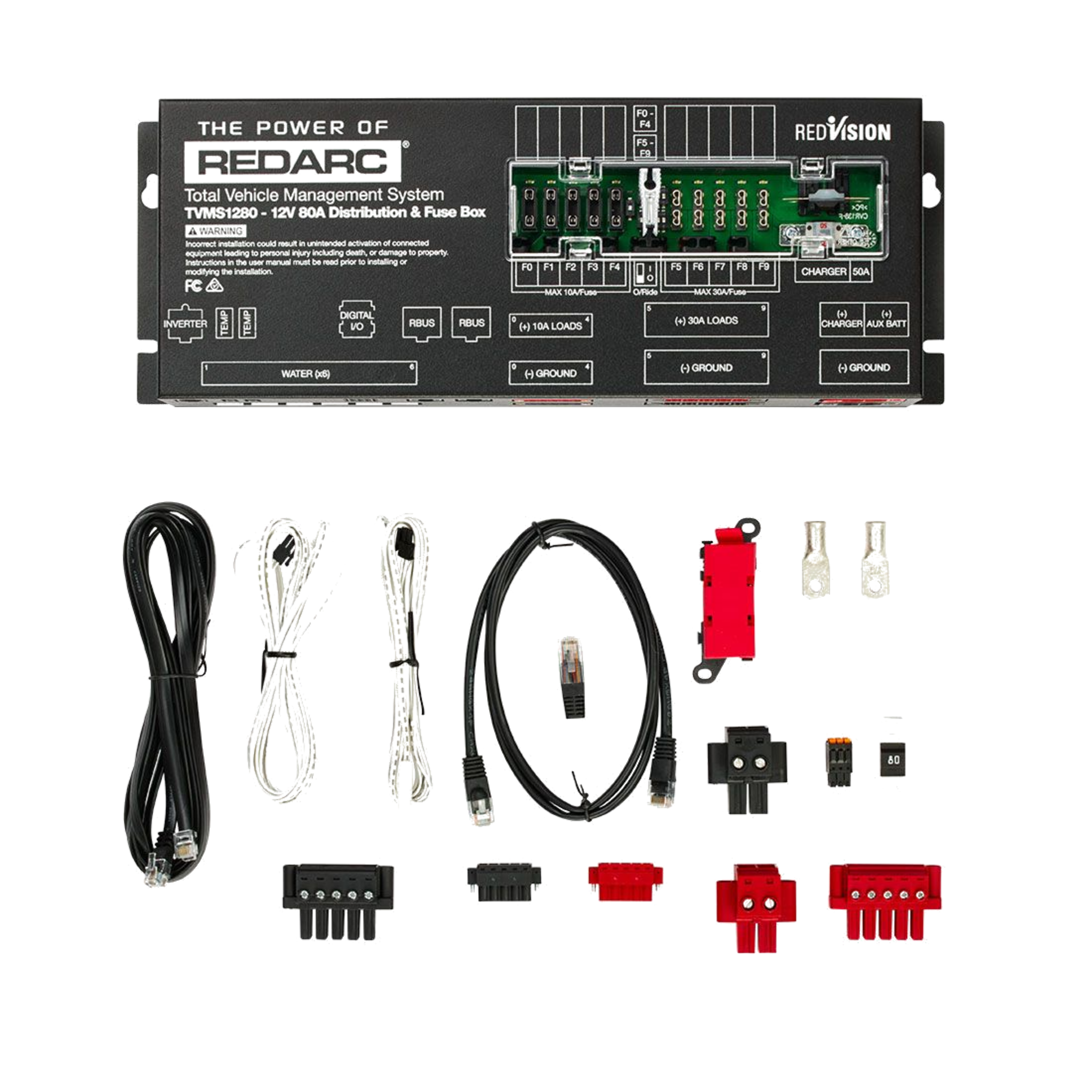Redarc TVMS1280-DBV2 TVMS Prime Control Module internal view showing the fuse board and labelled circuit terminals