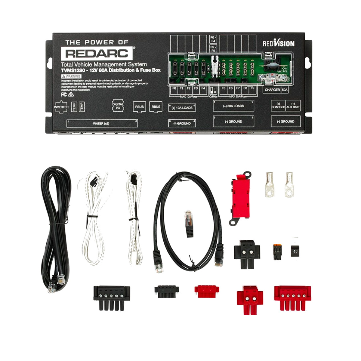 Redarc TVMS1280-DBV2 TVMS Prime Control Module internal view showing the fuse board and labelled circuit terminals