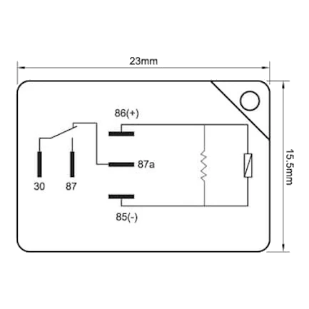 Britax RMC-1225R Micro Relay wiring diagram showing pin layout for 5-pin changeover with pins 30 (common), 85 and 86 (coil), 87 (normally-open) and 87a (normally-closed)