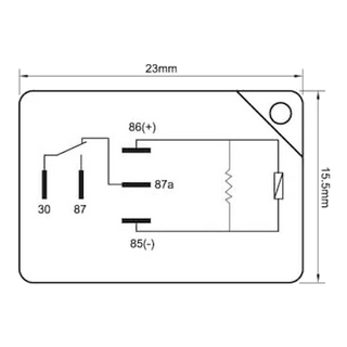 Britax RMC-1225R Micro Relay wiring diagram showing pin layout for 5-pin changeover with pins 30 (common), 85 and 86 (coil), 87 (normally-open) and 87a (normally-closed)