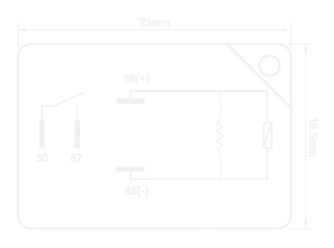 Britax RM4-1235R micro-ISO relay pin assignment diagram. 4-pin micro-ISO showing coil pins 85 and 86, battery feed pin 30, switched output pin 87. 15 by 15 by 22mm body dimensions