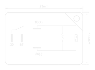 Britax RM4-1235R micro-ISO relay pin assignment diagram. 4-pin micro-ISO showing coil pins 85 and 86, battery feed pin 30, switched output pin 87. 15 by 15 by 22mm body dimensions