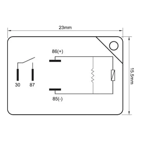 Britax RM4-1235R micro-ISO relay pin assignment diagram. 4-pin micro-ISO showing coil pins 85 and 86, battery feed pin 30, switched output pin 87. 15 by 15 by 22mm body dimensions