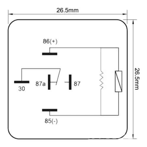 Britax 24V mini relay pin diagram showing ISO 280 layout: pin 30 common, 85 and 86 coil terminals, 87 normally-open, 87a normally-closed
