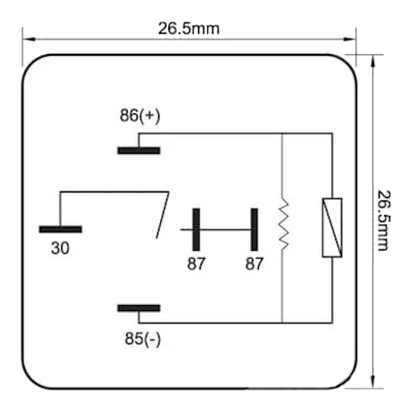 Pin diagram for Britax R5-2440R 24V 40A N/O mini relay showing 5-pin ISO 280 layout: pin 30 common, pins 85 and 86 coil, pin 87 normally open output, pin 87a unused