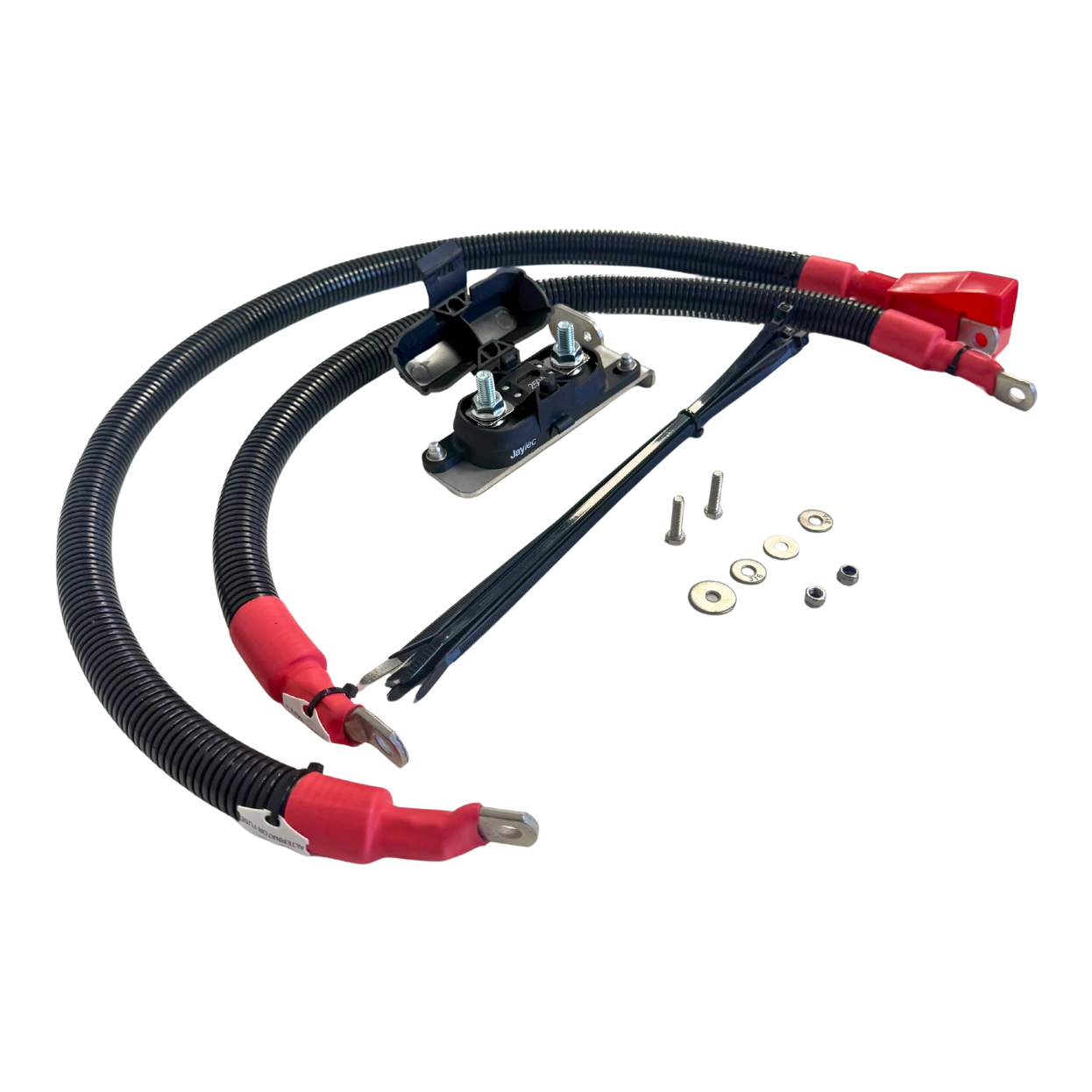 The Elevate upgraded alternator wiring harness laid out, with twin sheathed cables, red insulated lugs, a mega fuse holder on a stainless bracket, cable ties, bolts, washers and nyloc nuts