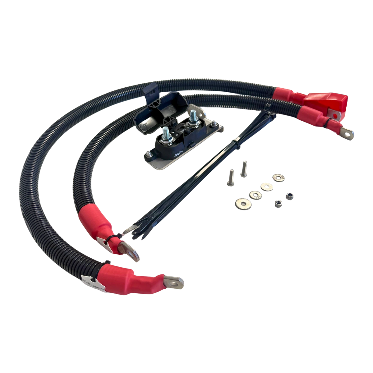 The Elevate upgraded alternator wiring harness laid out, with twin sheathed cables, red insulated lugs, a mega fuse holder on a stainless bracket, cable ties, bolts, washers and nyloc nuts