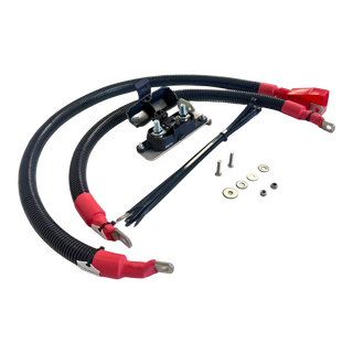 The Elevate upgraded alternator wiring harness laid out, with twin sheathed cables, red insulated lugs, a mega fuse holder on a stainless bracket, cable ties, bolts, washers and nyloc nuts