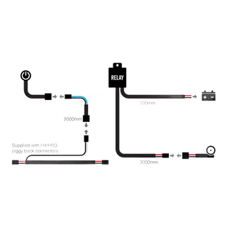 Wiring diagram for the Roadvision harness: an illuminated switch on a 2000mm lead into the relay, a 500mm feed to the battery, a 3000mm run out to the lamp, and a branch noted as supplied with H4 and HB3 piggy-back connectors