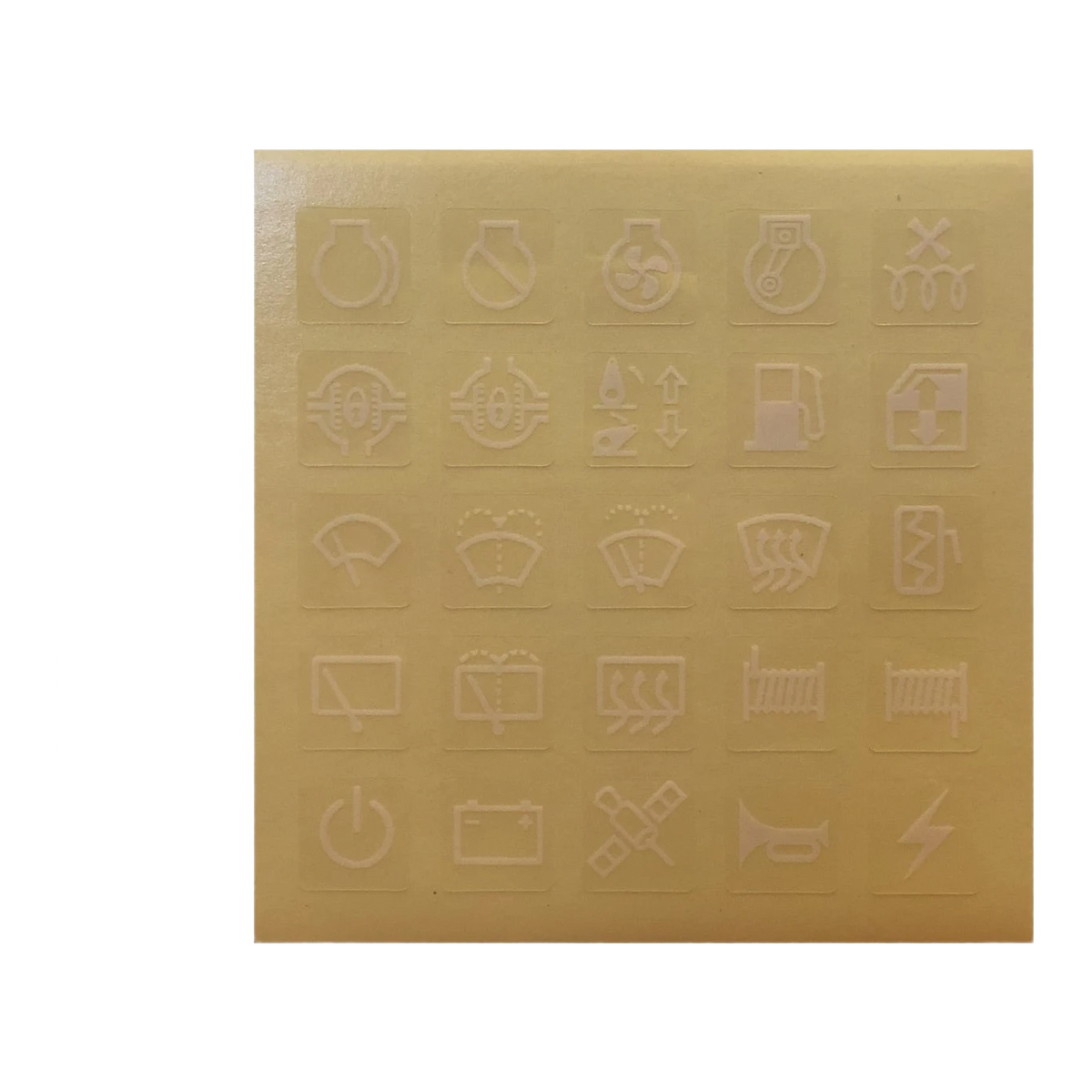 Sheet of 100 rocker switch symbol stickers with clear vinyl backing — 4WD, transport and marine symbols including winch, driving lights, air compressor, diff lock, fridge, water pump and aerial