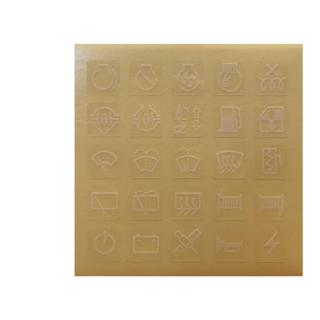 Sheet of 100 rocker switch symbol stickers with clear vinyl backing — 4WD, transport and marine symbols including winch, driving lights, air compressor, diff lock, fridge, water pump and aerial