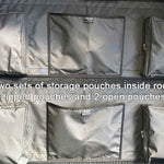 Storage pouches inside a tent with text indicating their arrangement.