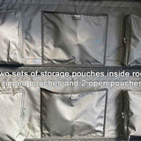 Storage pouches inside a tent with text indicating their arrangement.