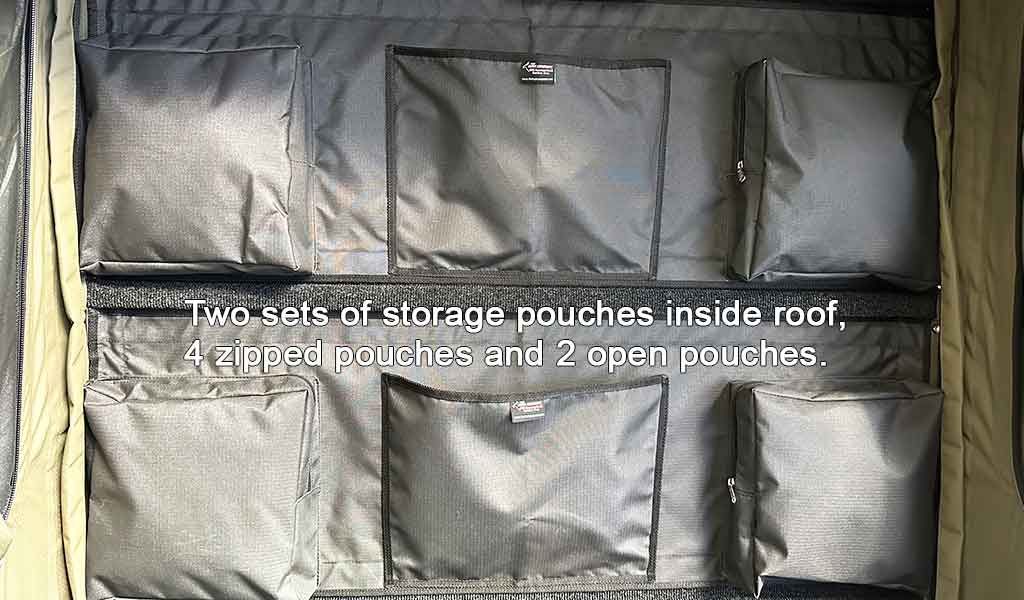Storage pouches inside a tent with text indicating their arrangement.