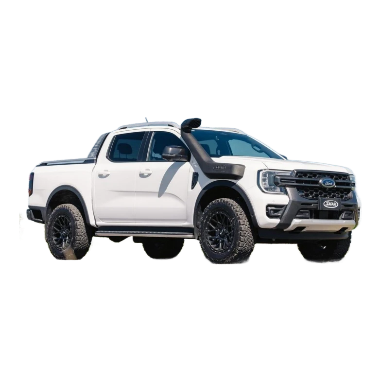White Ford Ranger pickup truck on a road with a clear blue sky