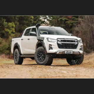 White Isuzu D-Max with Safari Armax snorkel on a dirt road with trees in the background