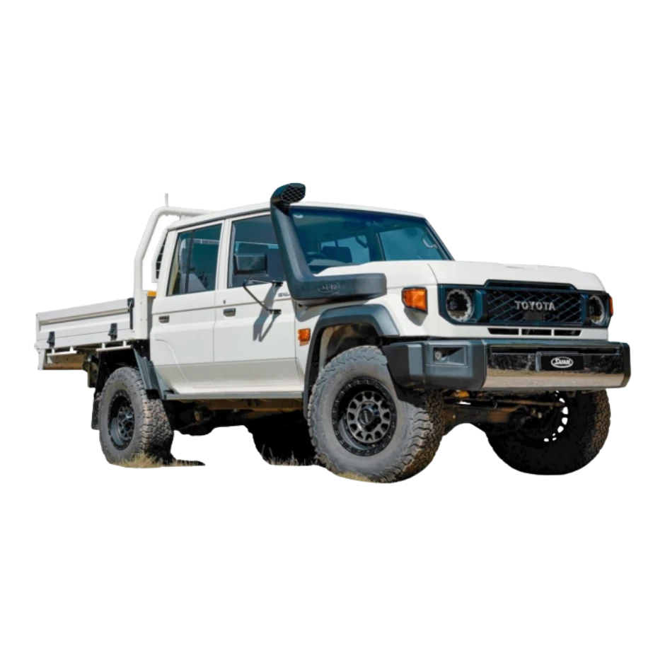 A white Toyota LandCruiser 79 Series dual cab with a steel tray, fitted with a Safari snorkel running up the passenger side of the windscreen to a raised air ram above the roofline