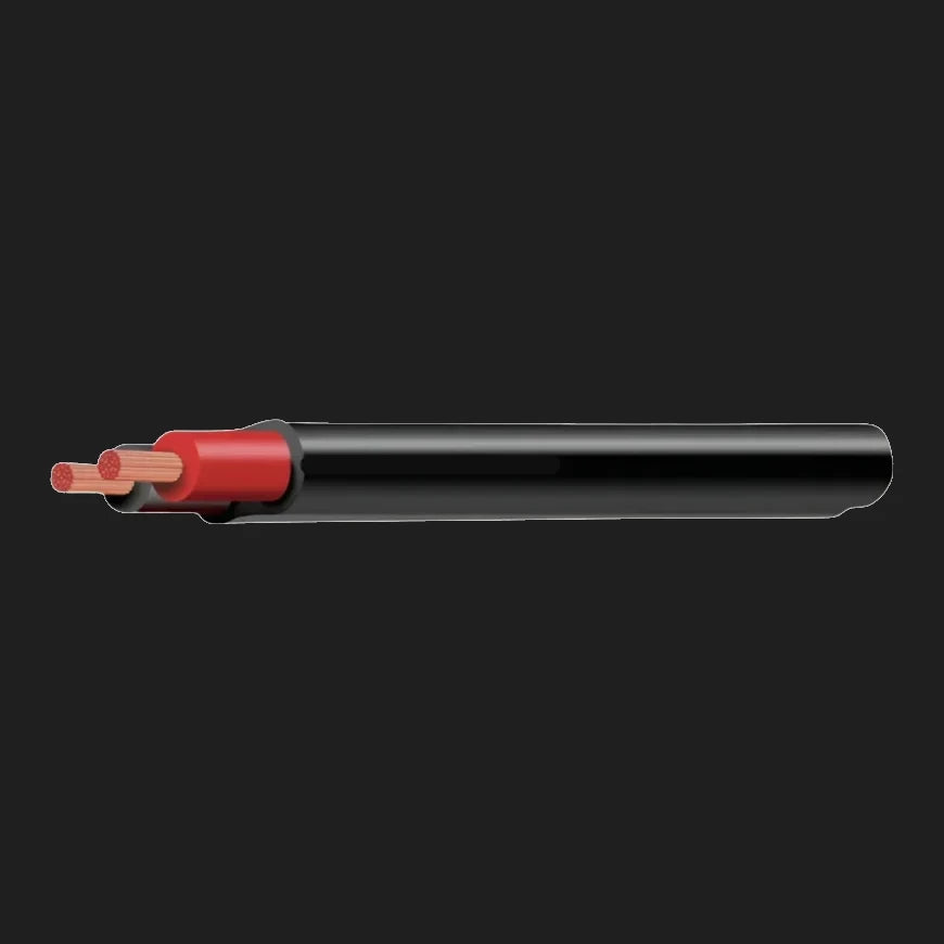 Twin core automotive cable, black sheath with red and black cores, coiled