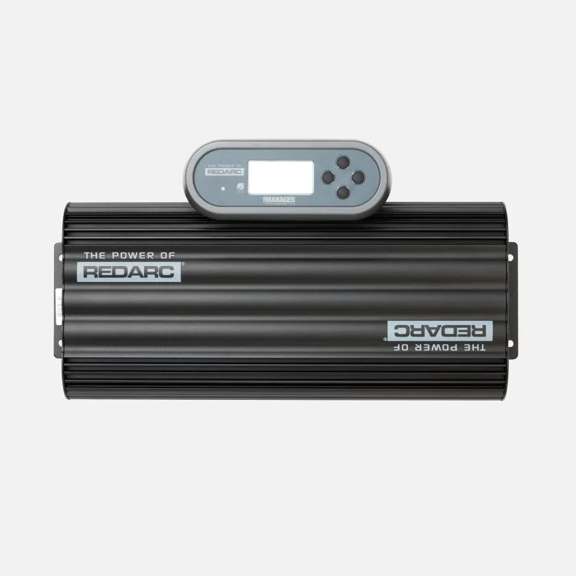 REDARC Manager30 BMS1230S3 shown from above with the battery monitor display positioned alongside it