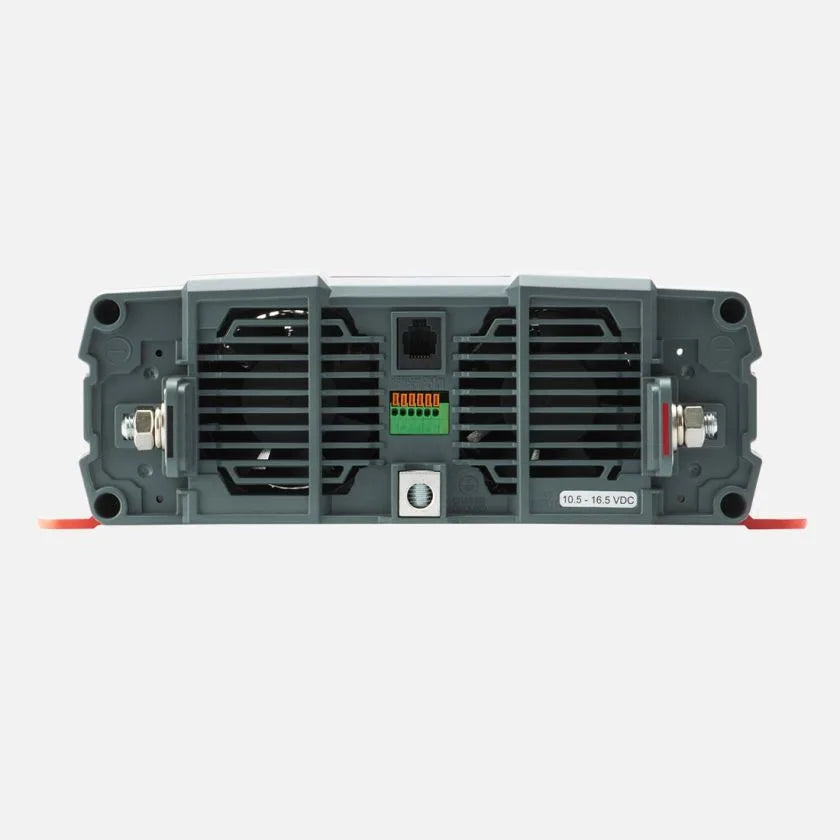 DC end of the Redarc pure sine wave inverter, with the positive and negative battery studs at either side, twin cooling fans behind the grilles, the earth stud in the centre, an RJ45 remote socket, the configuration DIP switches and the input range marked 10.5 to 16.5 VDC
