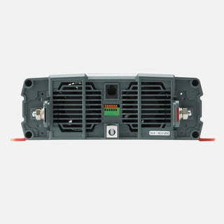 DC end of the Redarc pure sine wave inverter, with the positive and negative battery studs at either side, twin cooling fans behind the grilles, the earth stud in the centre, an RJ45 remote socket, the configuration DIP switches and the input range marked 10.5 to 16.5 VDC