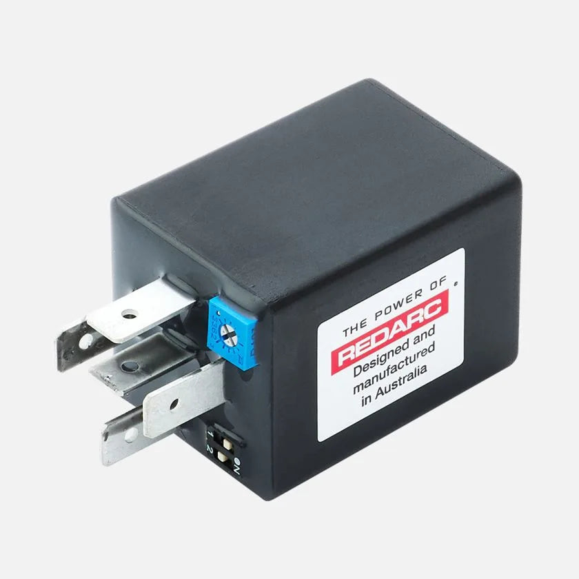 REDARC Multi Function Timer at an angle, showing the potentiometer, DIP switch and the Designed and manufactured in Australia label