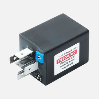 REDARC Multi Function Timer at an angle, showing the potentiometer, DIP switch and the Designed and manufactured in Australia label