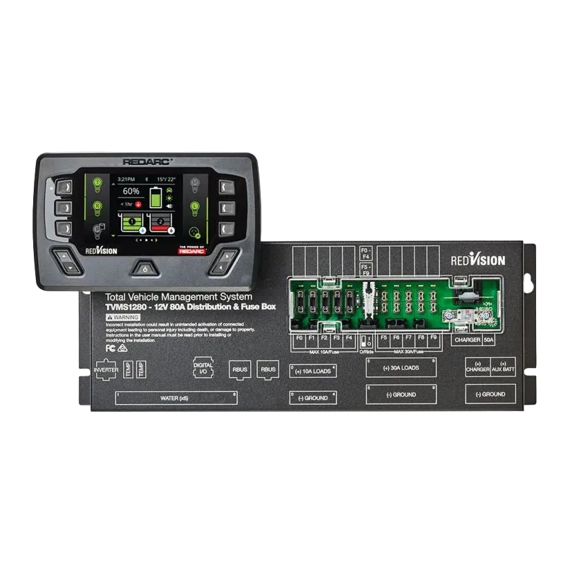 REDARC RedVision display alongside the TVMS1280 distribution and fuse box, with the fuse board and labelled circuit terminals visible