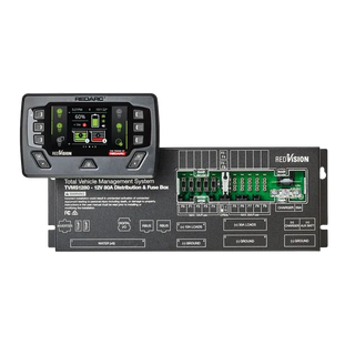 REDARC RedVision display alongside the TVMS1280 distribution and fuse box, with the fuse board and labelled circuit terminals visible