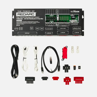 TVMS1280 distribution box shown with its cables, temperature sensors, fuse holder, terminals and connectors laid out
