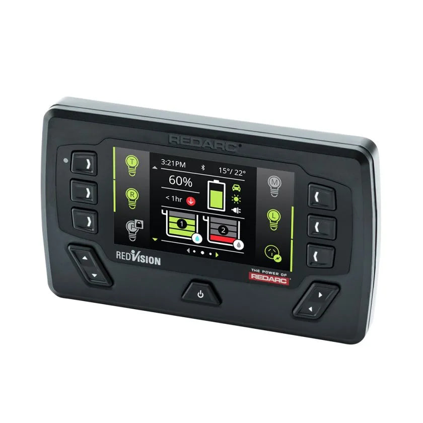 REDARC RedVision 4.3 inch touchscreen display showing battery charge state, tank levels and switchable circuits