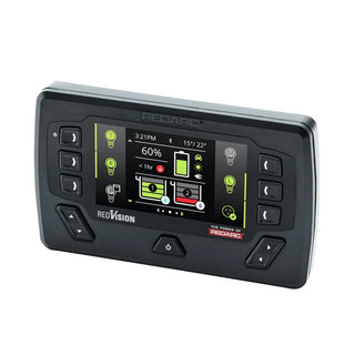 REDARC RedVision 4.3 inch touchscreen display showing battery charge state, tank levels and switchable circuits