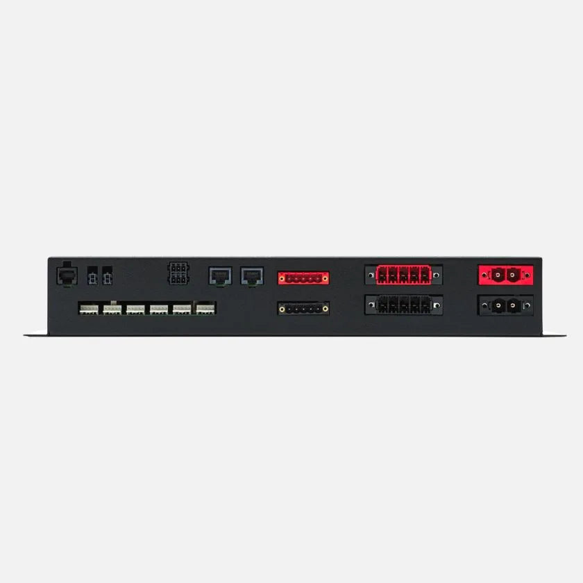 End-on view of the TVMS1280 distribution box showing the bank of input and output connectors