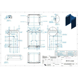 Victron engineering drawing for the 3 kVA enclosure, part number HOU032001112, with dimensioned front, side and top views in millimetres