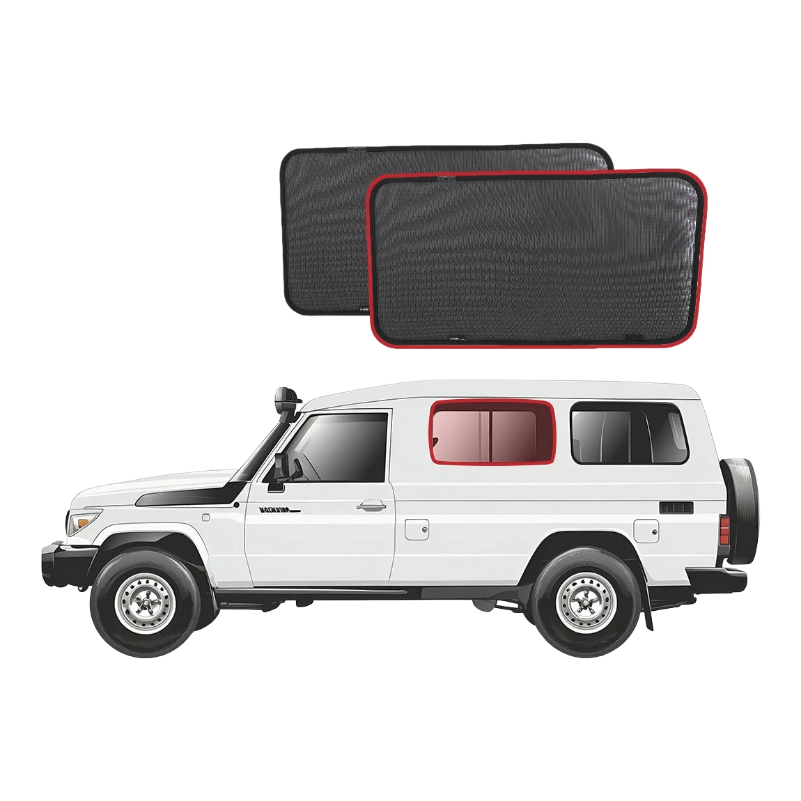 Two side window sunshades with a white Troopcarrier – SnapShades Second Row Side Port Windows Suit 75/78 Troopcarrier