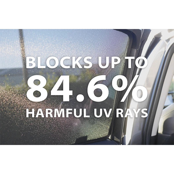 SnapShades window shade fitted, showing UV ray blocking percentage