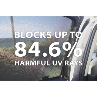 SnapShades window shade fitted, showing UV ray blocking percentage