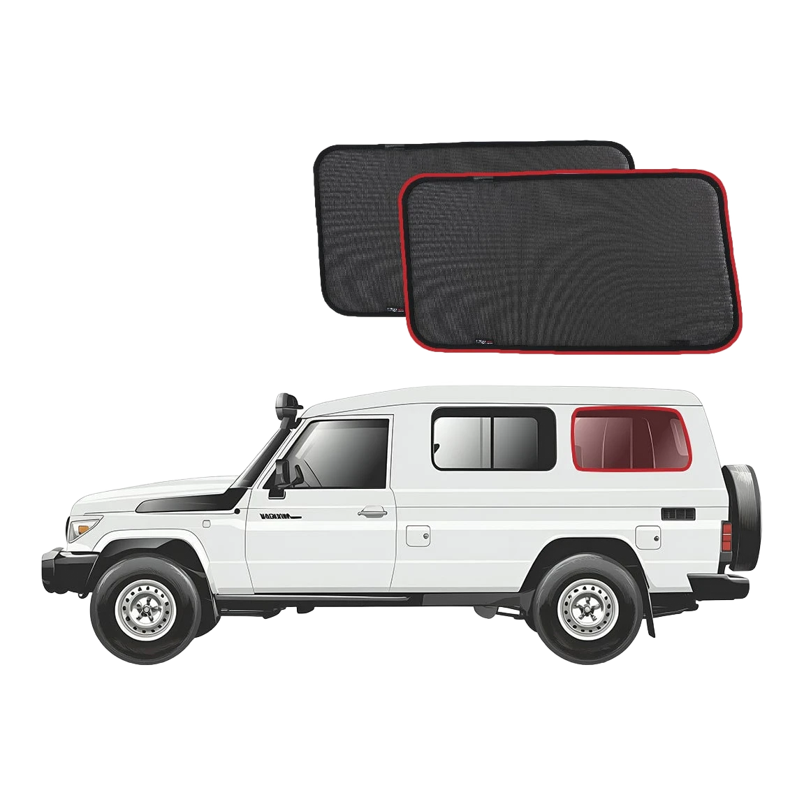 Two side window sunshades with a white Troopcarrier – SnapShades Third Row Side Port Windows Suit 75/78 Troopcarrier