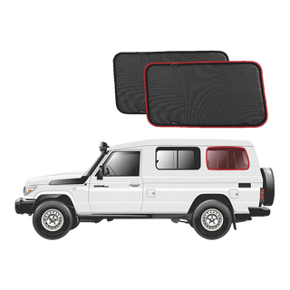 Two side window sunshades with a white Troopcarrier – SnapShades Third Row Side Port Windows Suit 75/78 Troopcarrier
