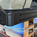 Heavy-duty spring steel rods supporting a rain fly on a tent base.