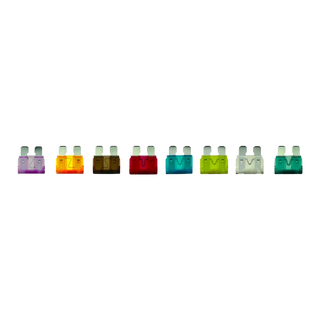 Standard blade fuses 3A to 30A in colour-coded ratings