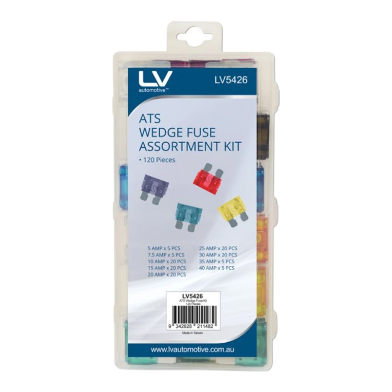 Standard wedge blade fuse kit 120-piece assortment, 5A to 40A colour-coded automotive fuses packaged in a plastic organiser tray