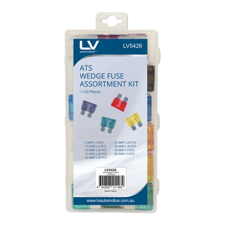 Standard wedge blade fuse kit 120-piece assortment, 5A to 40A colour-coded automotive fuses packaged in a plastic organiser tray